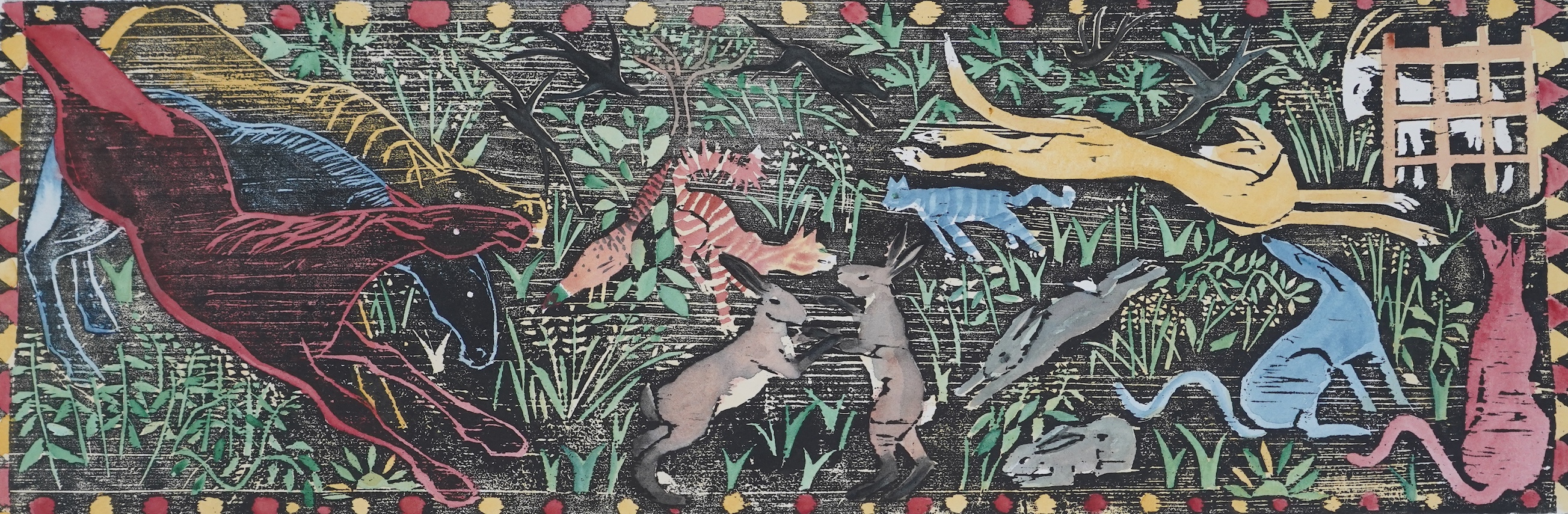 Emily Smith Polyblank, linocut, 'It's an animals life', signed in pencil, limited edition 39/100, 26 x 70cm